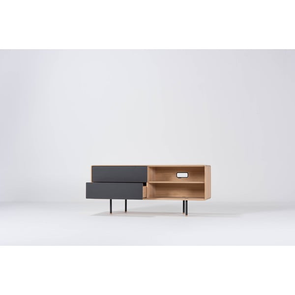 Comodă TV neagră/în culoare naturală din lemn de stejar 150x64 cm Fina – Gazzda-image-1