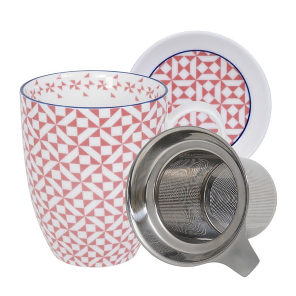 Set pentru ceai cu cană, farfurioară și sită Tokyo Design Studio Geo Eclectic, 380 ml, alb-roz