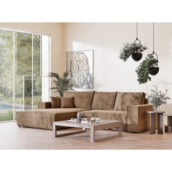 Colțar maro deschis extensibil/cu spațiu de depozitare cu tapițerie din chenille (cu colț pe partea stângă/cu șezlong) Maze – Maison de Rêve-image-1