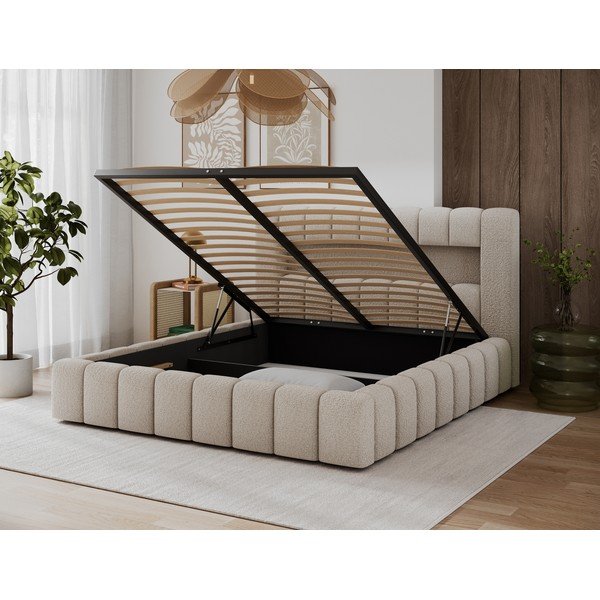 Pat matrimonial bej tapițat cu spațiu de depozitare cu somieră 140x200 cm Lamica – ELTAP-image-4