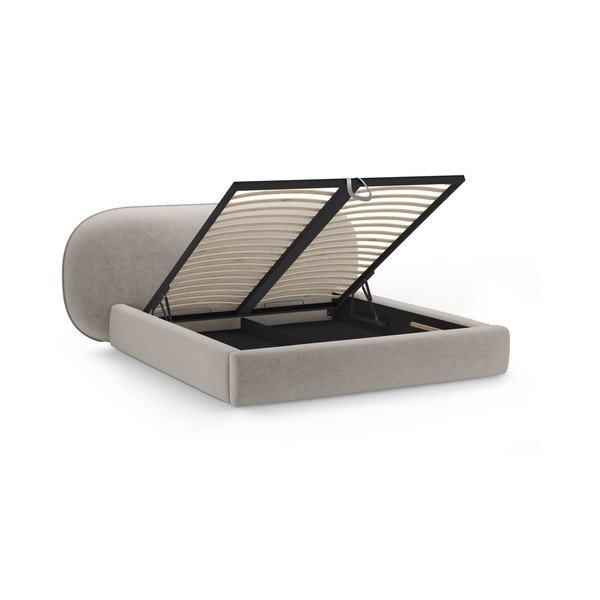 Pat matrimonial bej tapițat cu spațiu de depozitare cu somieră 160x200 cm Ovalo – Micadoni -image-2