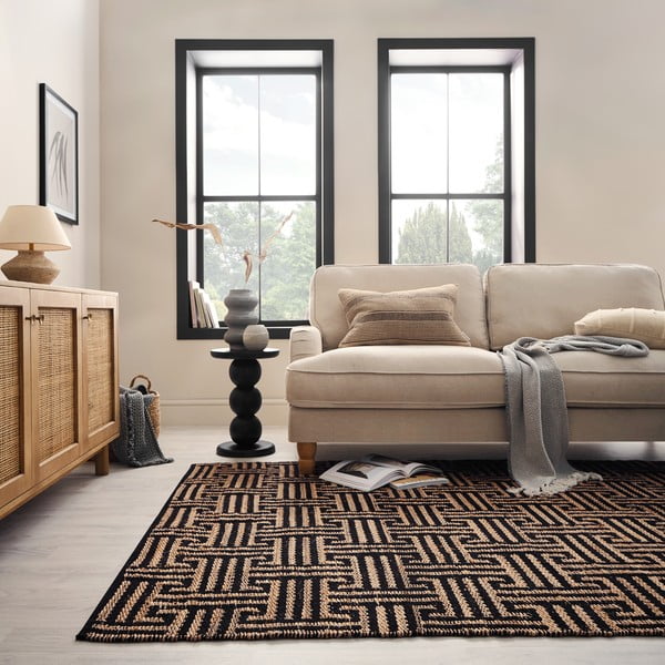 Covor negru-în culoare naturală țesut manual din amestec de iută 120x170 cm Meander Jute – Flair Rugs-image-2