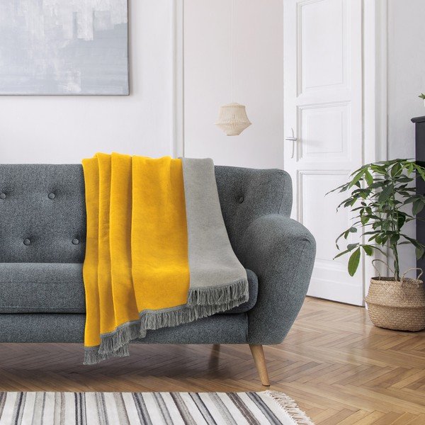 Pătură cu amestec de bumbac AmeliaHome Franse, 150 x 200 cm, galben-gri-image-1