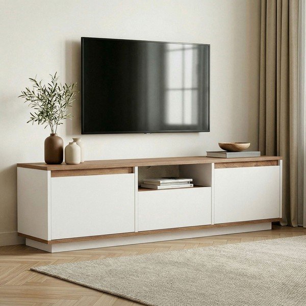 Comodă TV albă/în culoare naturală cu aspect de lemn de pin 160x42x30 cm Sentinel – Kalune Design-image-1