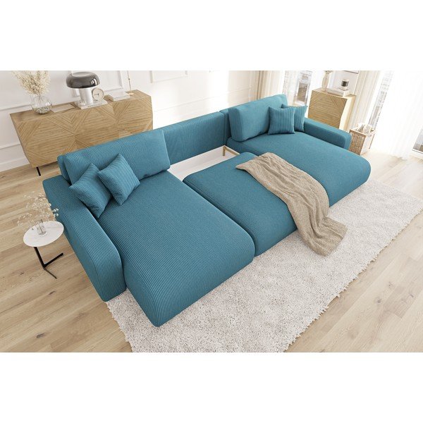 Colțar turcoaz extensibil, cu spațiu de depozitare, cu tapițerie din catifea reiată Sara – Ropez-image-4