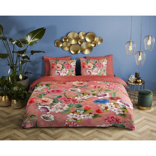 Lenjerie de pat din bumbac organic pentru pat de o persoană Descanso Flowery, 140 x 220 cm, portocaliu-image-1