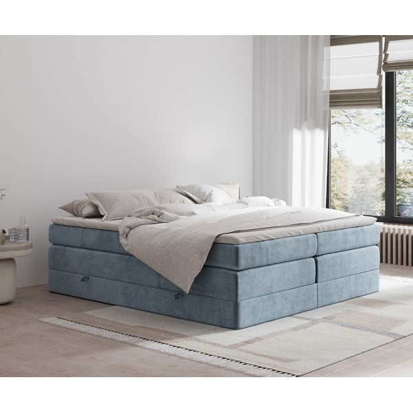 Pat boxspring albastru cu spațiu de depozitare/fără tăblie 200x200 cm Juniper – Maison de Rêve-image-1