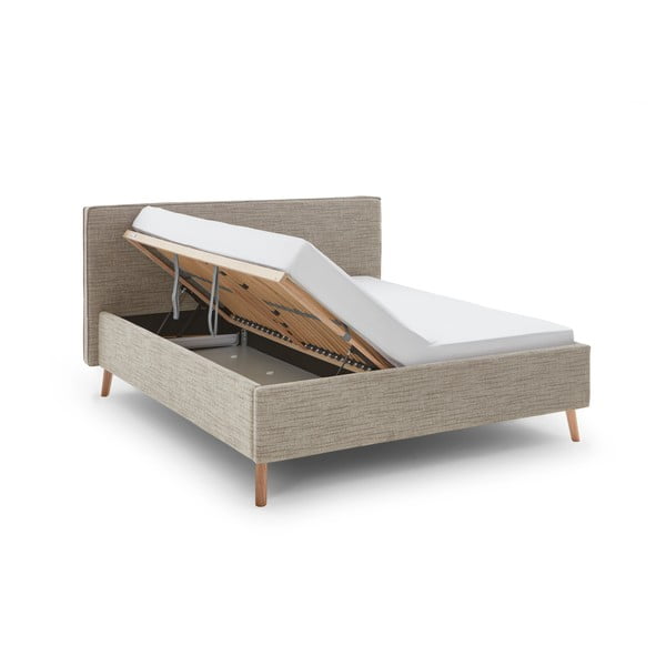 Pat matrimonial bej tapițat cu spațiu de depozitare cu somieră 180x200 cm Riva – Meise Möbel-image-4
