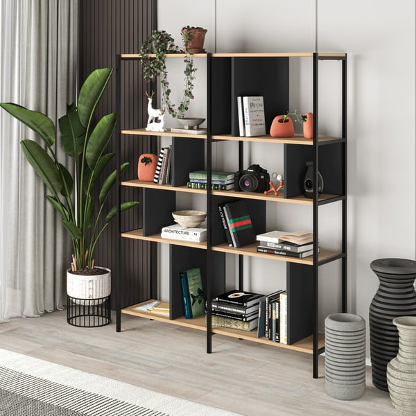 Bibliotecă neagră/în culoare naturală cu aspect de lemn de stejar 144x175 cm Alabama – Marckeric-image-4