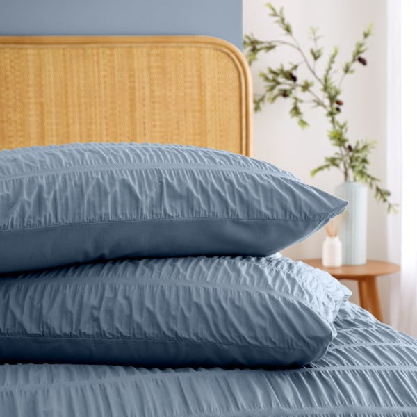 Lenjerie de pat albastră din țesătură crep pentru pat de o persoană 135x200 cm Seersucker – Catherine Lansfield-image-3