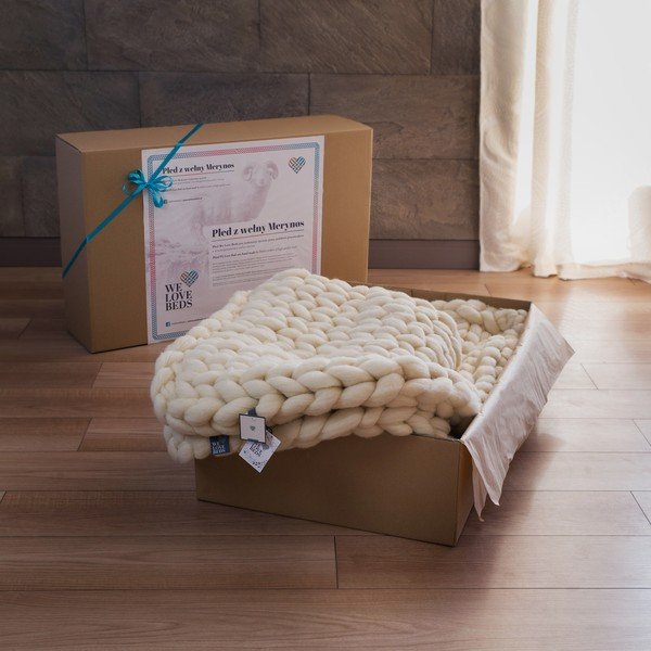 Pled tricotat manual din lână merinos WeLoveBeds, 180 x 140 cm, crem-image-1