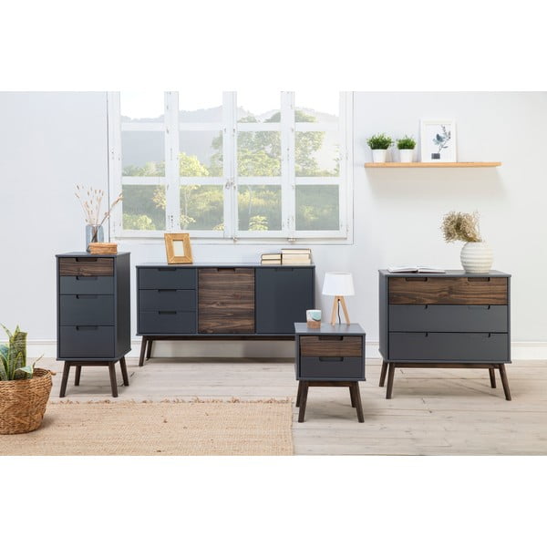 Comodă gri antracit/maro închis joasă din lemn masiv de pin 140x80 cm Nussa – Marckeric-image-1