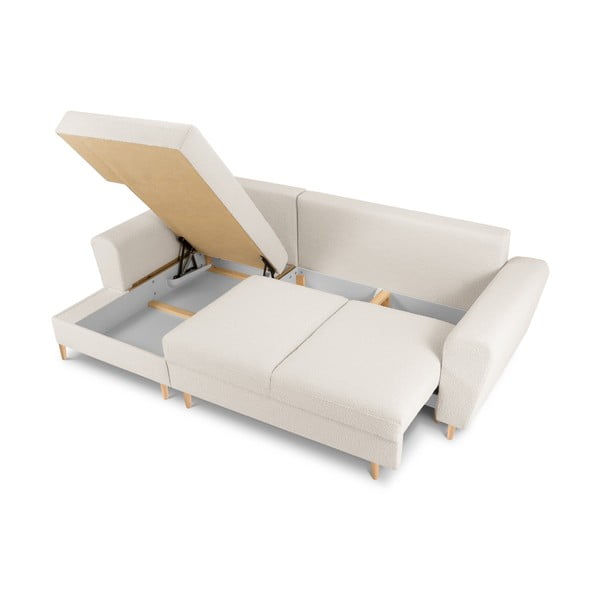 Colțar bej extensibil, cu spațiu de depozitare cu tapițerie din țesătură bouclé (cu colț pe partea stângă, cu șezlong) Kyoto – Cosmopolitan Design-image-3