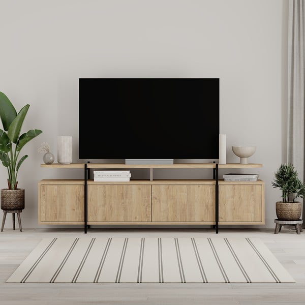Masă TV în culoare naturală cu aspect de lemn de stejar 160x48 cm Hinoa – Marckeric-image-1