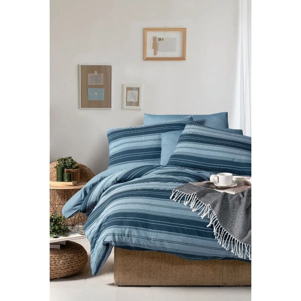 Lenjerie de pat albastră pentru pat dublu/canapea extinsă cu cearceaf inclus/cu 4 piese 200x220 cm Stripes – Mila Home-image-3