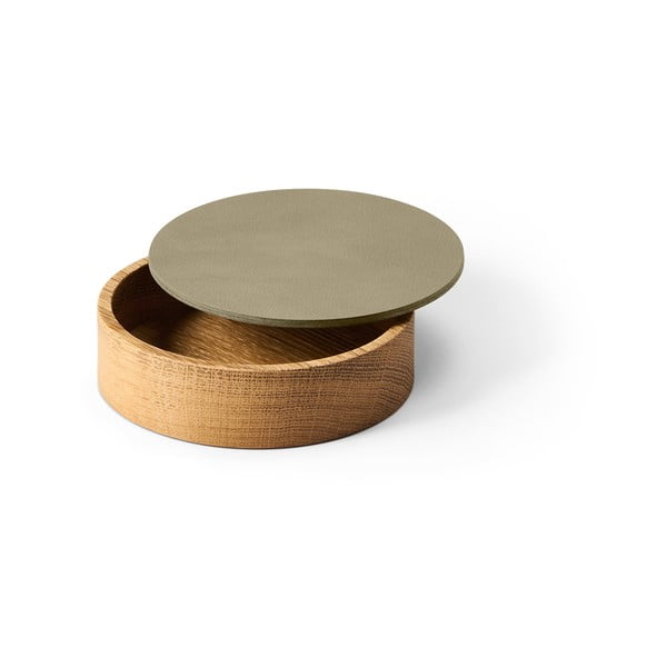 Cutie de depozitare verde-în culoare naturală din lemn și din piele ecologică cu capac, decorativă ø 11x3,5 cm Circle Nupo – LIND DNA-image-1