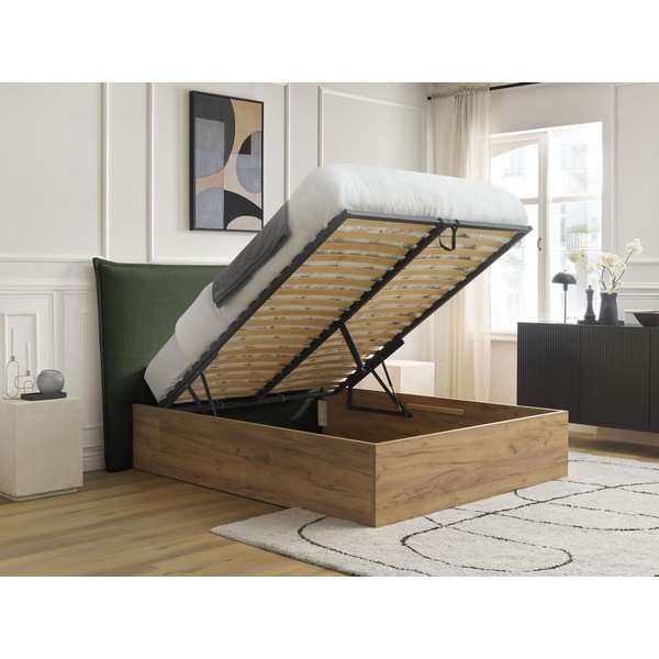 Pat matrimonial verde tapițat/din  placă aglomerată de lemn tapițat cu spațiu de depozitare cu somieră 180x200 cm Charlie – Bobochic Paris-image-1