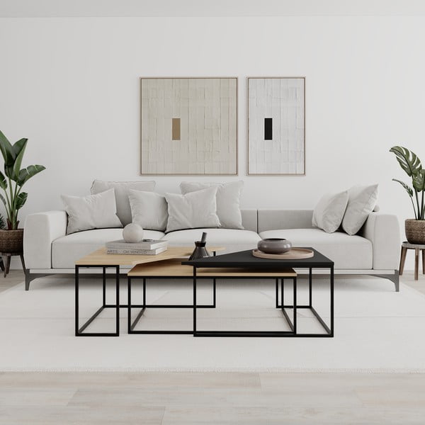 Măsuțe de cafea în culoare naturală 3 buc. cu blat cu aspect de lemn de stejar 70x110 cm Titan – Marckeric-image-1