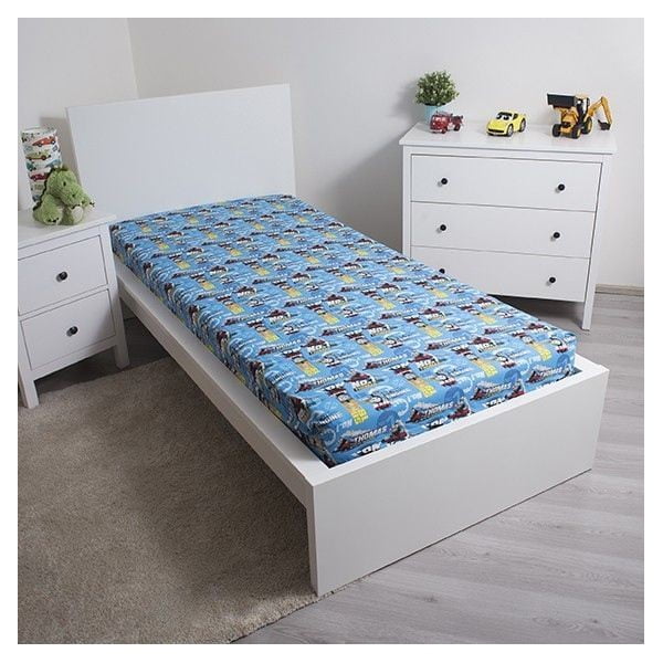 Cearceaf pentru copii albastru din bumbac cu elastic 90x200 cm Thomas the Tank Engine – Jerry Fabrics-image-1
