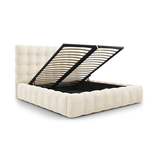 Pat matrimonial bej tapițat cu spațiu de depozitare și somieră 180x200 cm Bali – Cosmopolitan Design-image-2