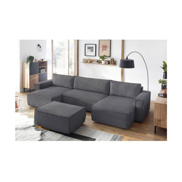 Taburet gri închis cu tapițerie din catifea reiată Nihad – Bobochic Paris-image-1