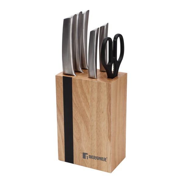 Set 5 cuţite cu suport de lemn Bergner Keops Steel