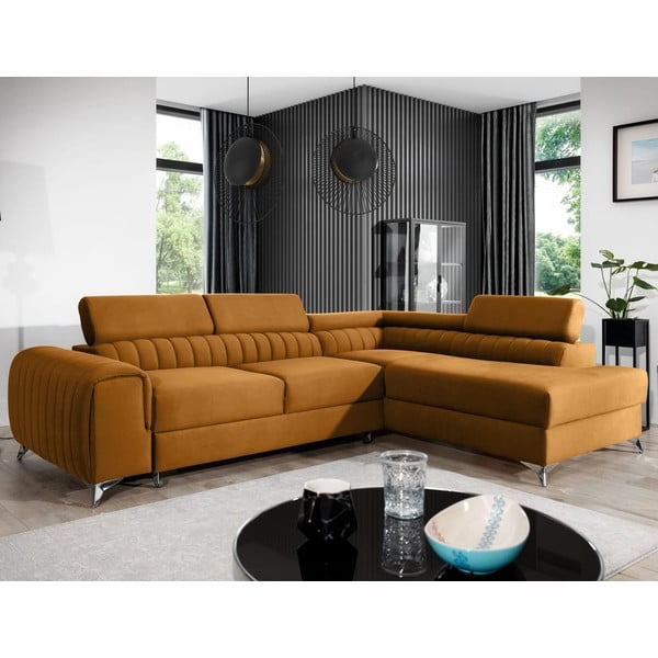 Colțar galben extensibil/cu spațiu de depozitare cu tapițerie din catifea (cu colț pe partea dreaptă/în formă de ”L”) Laurence – ELTAP-image-1