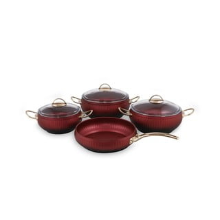 Set 4 vase de gătit din aluminiu cu 3 capace Güral Porselen Ruby, roșu