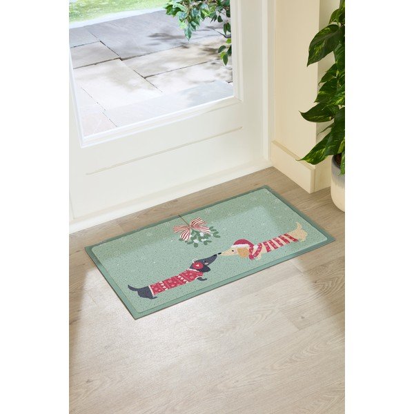 Covoraș de intrare din plastic reciclat 40x70 cm  cu model de Crăciun Christmas Sausage Dogs – Artsy Doormats-image-2