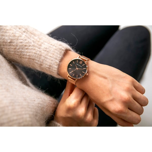 Ceas damă, curea metalică din inox Emily Westwood Estrella, negru- roz auriu-image-3