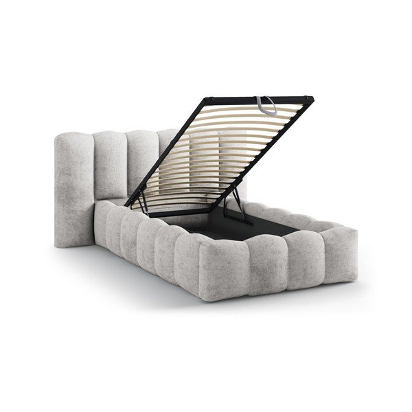 Pat gri tapițat cu spațiu de depozitare cu somieră 90x200 cm Lupine – Micadoni -image-1