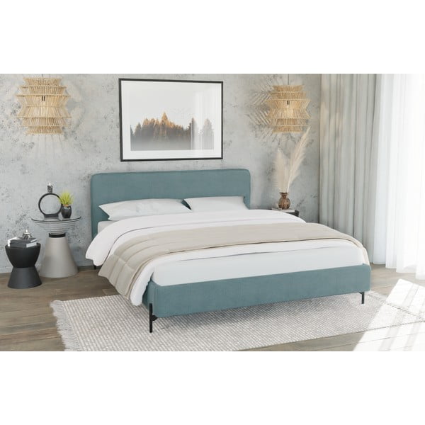 Pat matrimonial albastru deschis tapițat cu somieră 180x200 cm Barker – Ropez-image-2