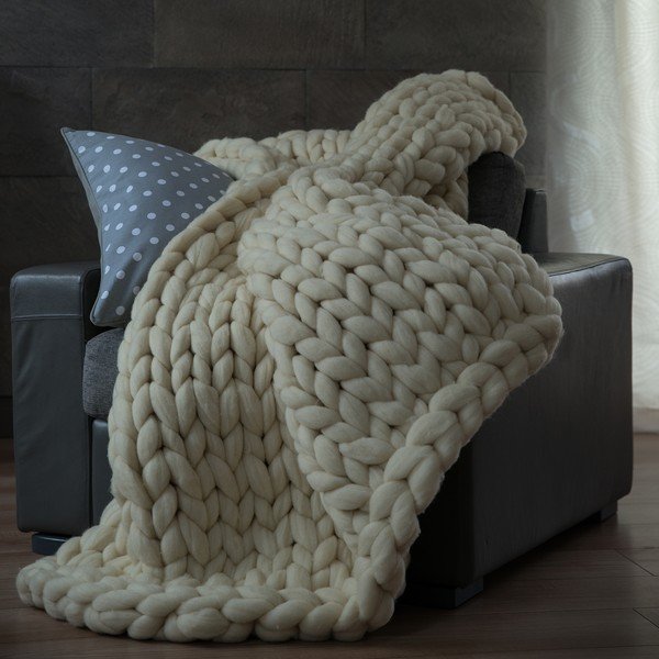 Pled tricotat manual din lână merinos WeLoveBeds, 180 x 140 cm, crem-image-2