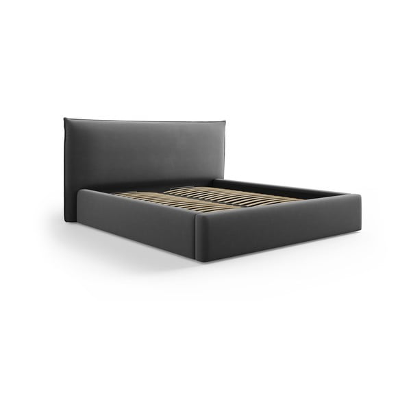 Pat matrimonial gri închis tapițat cu spațiu de depozitare cu somieră 180x200 cm Elio – Milo Casa