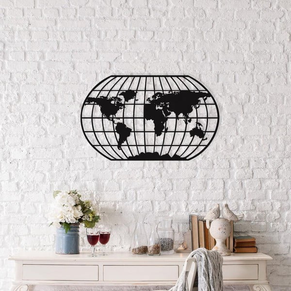 Decorațiune metalică de perete Oval World Map, 88 x 49 cm, negru