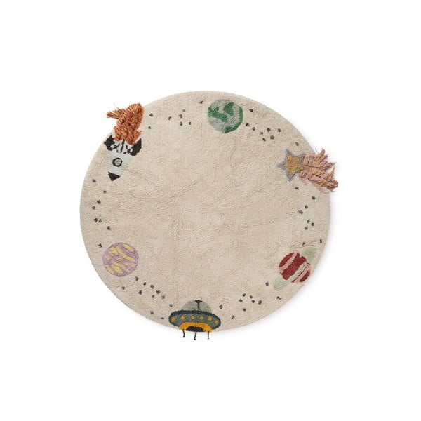 Covor de joacă pentru copii, crem, lavabil, țesut manual din bumbac ø140 cm Interstellar Journey – Lorena Canals