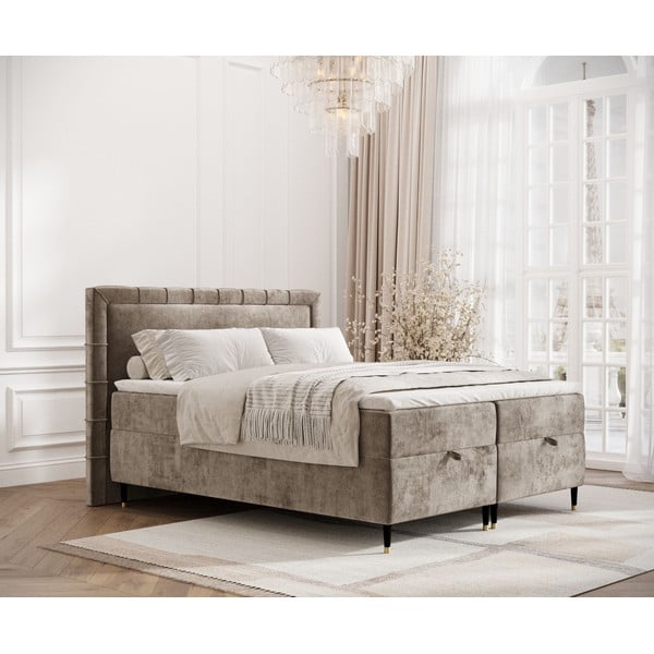 Pat boxspring bej cu spațiu de depozitare 160x200 cm Voyage – Maison de Rêve-image-1