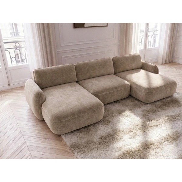 Colțar bej extensibil/cu spațiu de depozitare cu tapițerie din catifea (în formă de "U") Celeste – Bobochic Paris-image-1