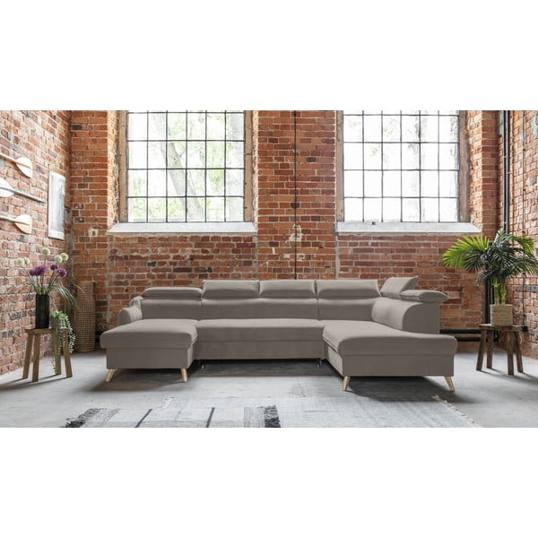 Colțar maro deschis extensibil cu tapițerie din catifea (cu colț pe partea dreaptă/în formă de "U") Sweet Harmony – Miuform-image-1