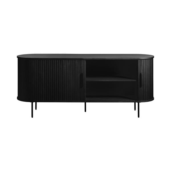 Comodă neagră joasă cu aspect de lemn de stejar cu ușă glisantă 76x180 cm Nola – Unique Furniture-image-3