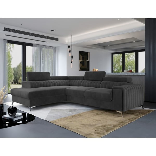 Colțar gri închis extensibil/cu spațiu de depozitare cu tapițerie din catifea (cu colț pe partea stângă/în formă de ”L”) Laurence – ELTAP-image-1