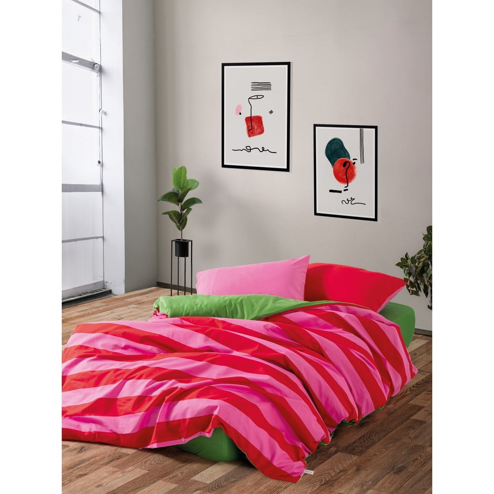Lenjerie de pat verde/roz din bumbac ranforcé pentru pat dublu/extinsă cu cearceaf inclus/cu 4 piese 200x220 cm Cherie – Mijolnir