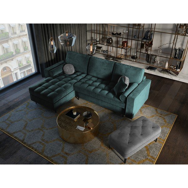 Colțar extensibil din catifea cu șezlong stânga Milo Casa Santo, verde petrol-image-1