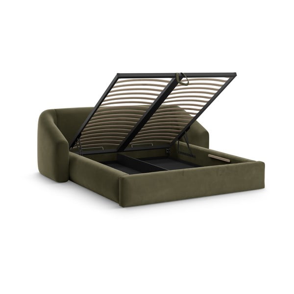 Pat matrimonial verde tapițat cu spațiu de depozitare cu somieră 140x200 cm Campi – Cosmopolitan Design-image-1