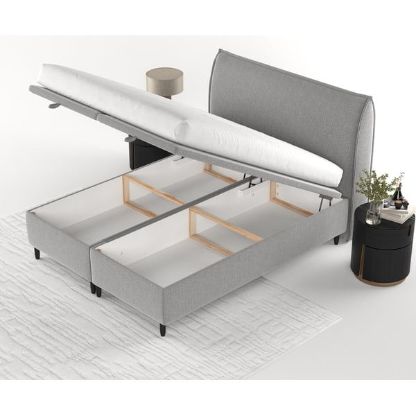 Pat matrimonial gri deschis tapițat cu spațiu de depozitare 180x200 cm Pearl – Maison de Rêve-image-4