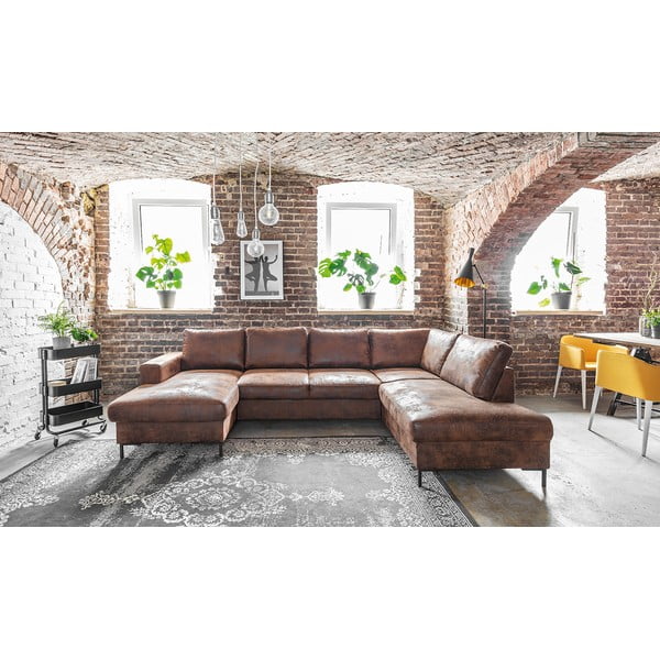 Canapea extensibilă în formă de „U” din imitație de piele cu șezlong pe partea dreaptă Miuform Lofty Lilly Vintage, maro-image-1