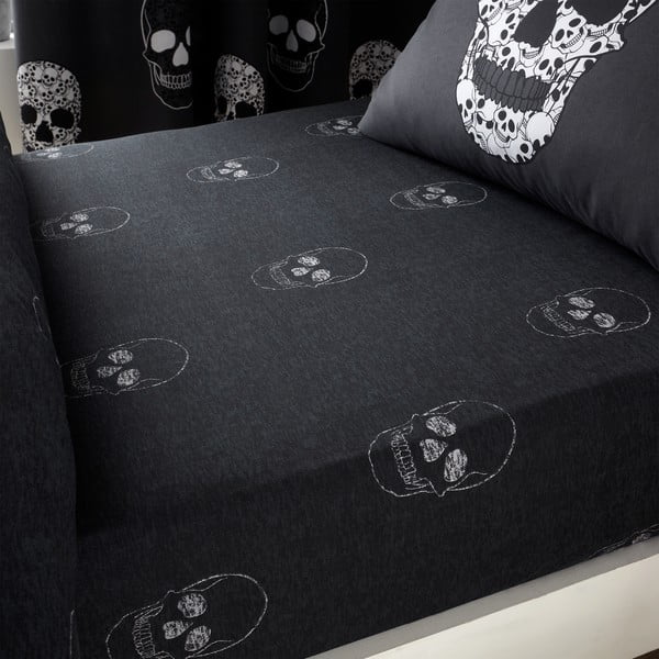 Cearceaf pentru copii gri închis pentru pat de o persoană cu elastic 90x190 cm Skulls – Catherine Lansfield-image-1