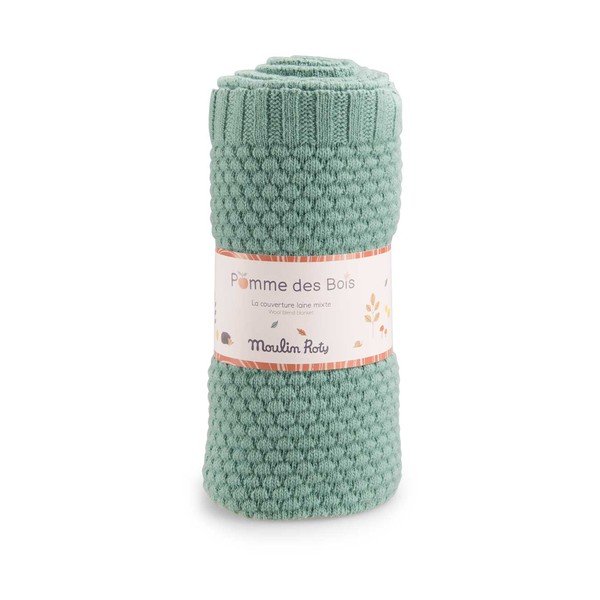 Pătură tricotată pentru copii verde 75x86 cm Pomme des Bois – Moulin Roty-image-1