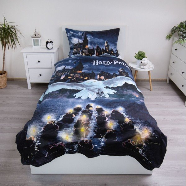 Lenjerie de pat pentru copii albastru-închis/gri din microfibră pentru pat de o persoană 140x200 cm Harry Potter "Hogwarts Night" – Jerry Fabrics-image-1