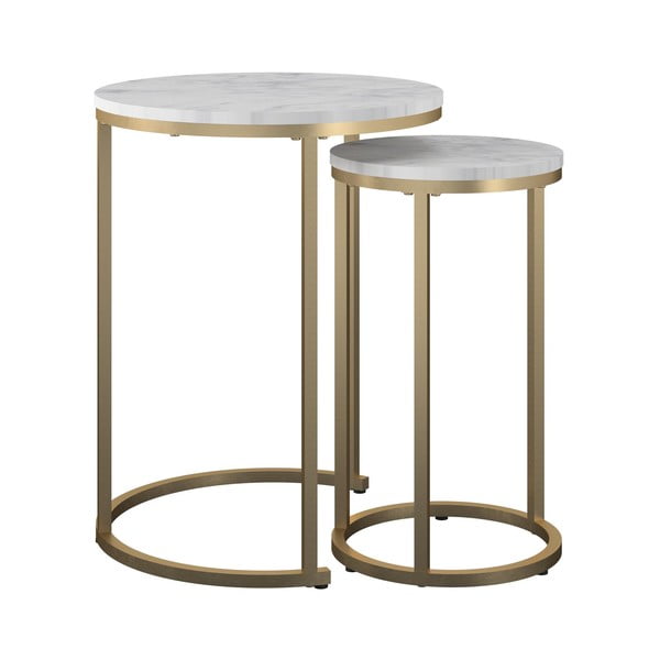Măsuțe de cafea albe-aurii 2 buc. rotunde cu aspect de marmură ø 45 cm Amelia – CosmoLiving by Cosmopolitan